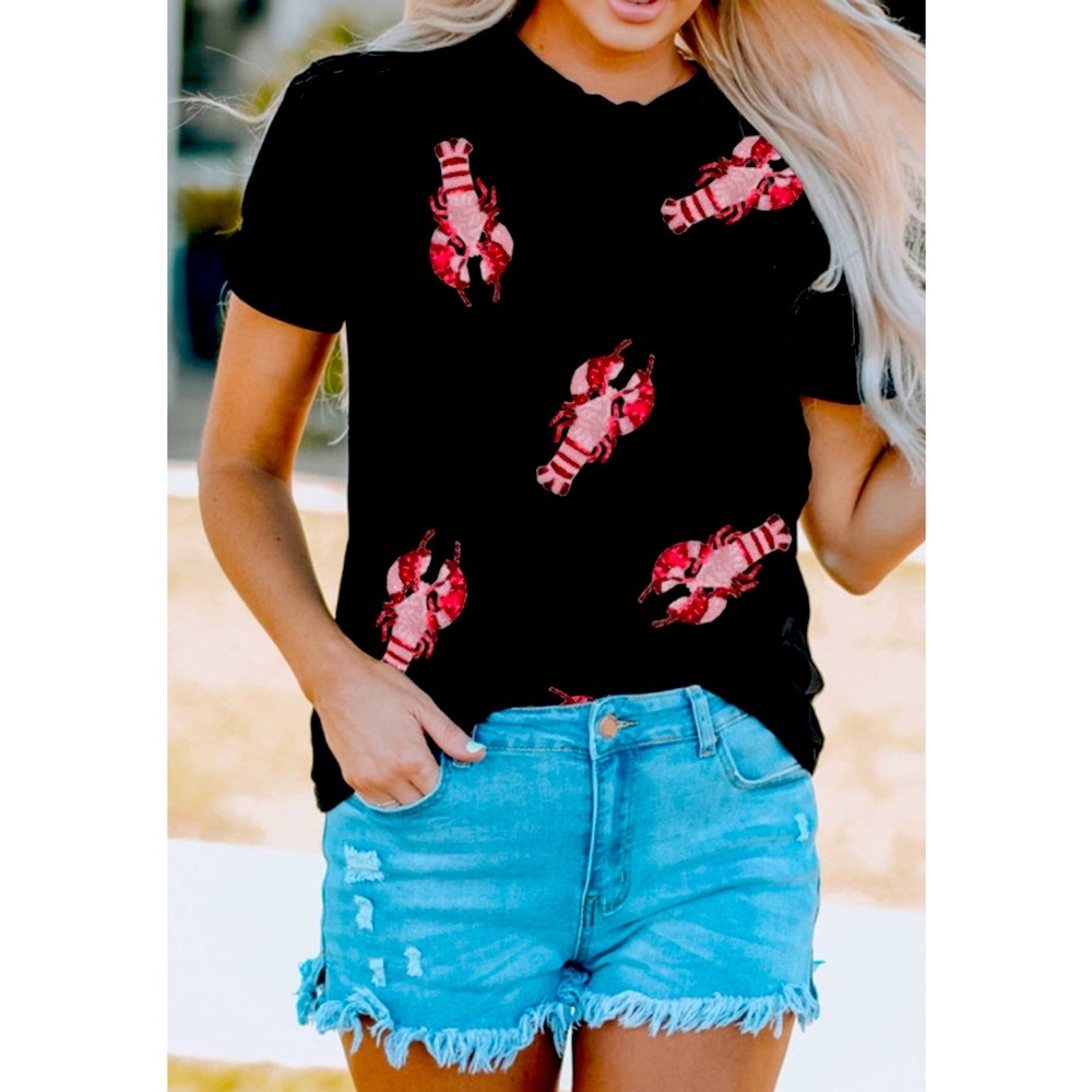 Black T-shirt Embellished with Red Sequin Crawfish - Picture 5 of 6